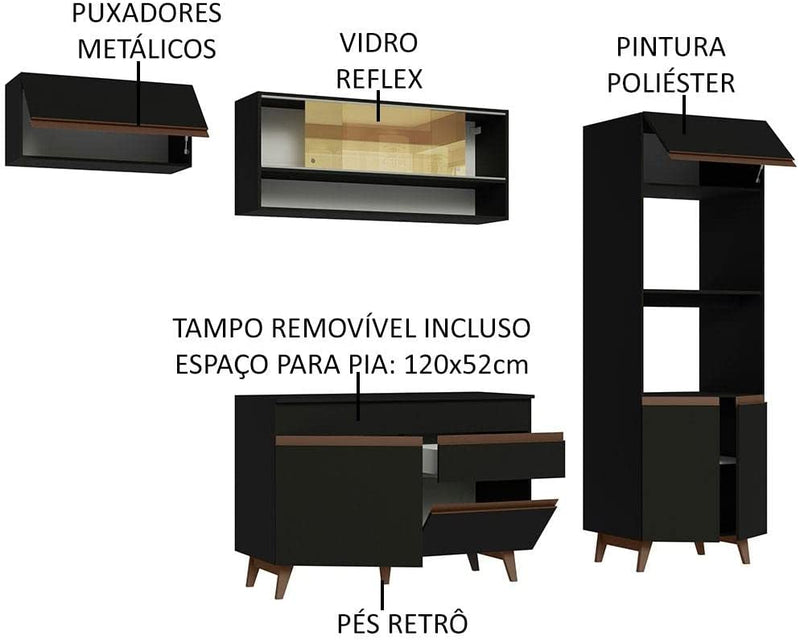 Cozinha Completa Madesa Reims 260007 com Armário e Balcão - Preto