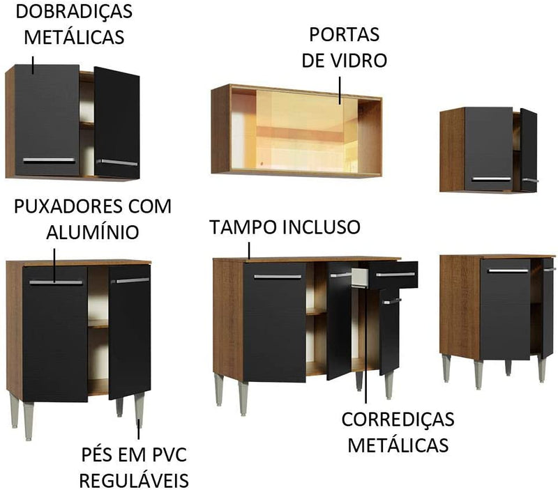 Cozinha Completa Madesa Emilly Fire com Balcão e Armário Aéreo Reflex - Rustic/preto