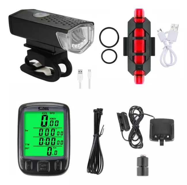 Kit Bike Farol Lanterna Led Velocímetro Bolsa Sinalizador