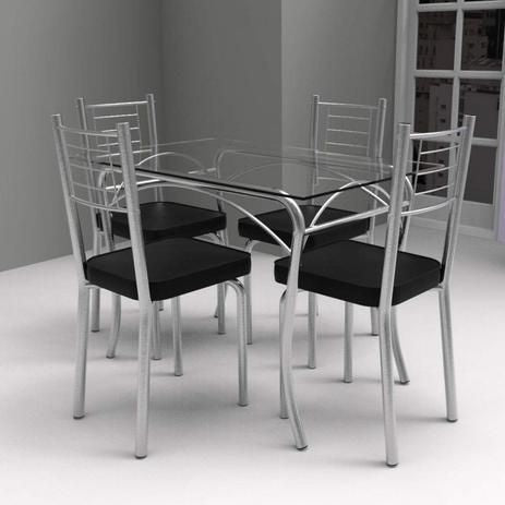 Conjunto de Mesa Tampo Vidro Lion com 4 Cadeiras Juliana Yescasa Cromado/Preto