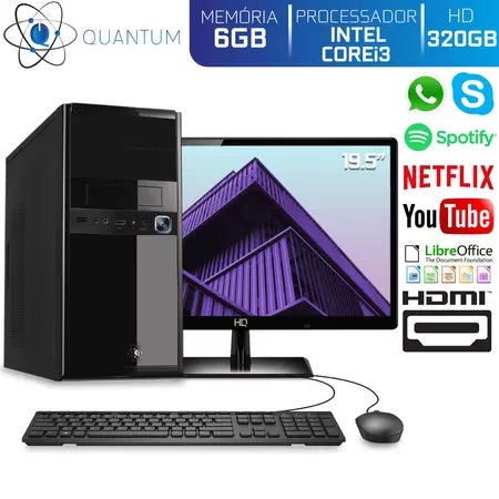 Computador Desktop Completo Quantum Intel Core i3 6GB HD 500GB Monitor 19.5" HDMI LED com mouse e teclado